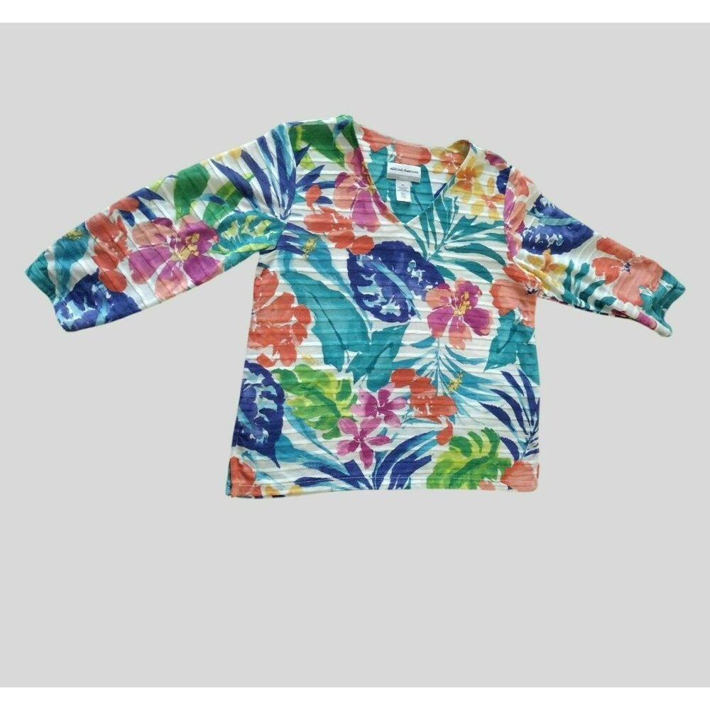 Alfred Dunner Womens Petite PS V-Neck Floral Print Top 3/4 Sleeve Tropical Print - Picture 3 of 9